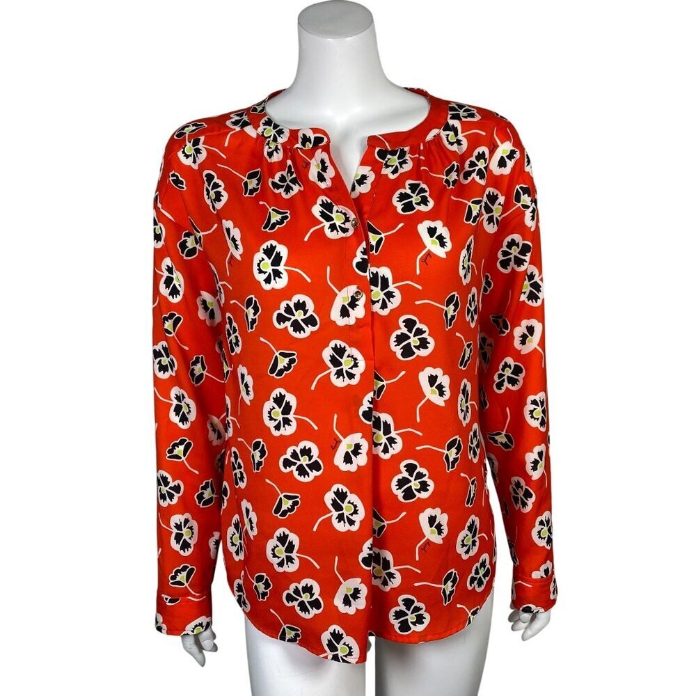 Juicy Couture Red Floral Button Front Shirt Blouse Womens S Long Sleeve